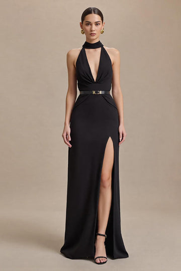 Black Halter Satin Neck Long Formal Dress with Slit